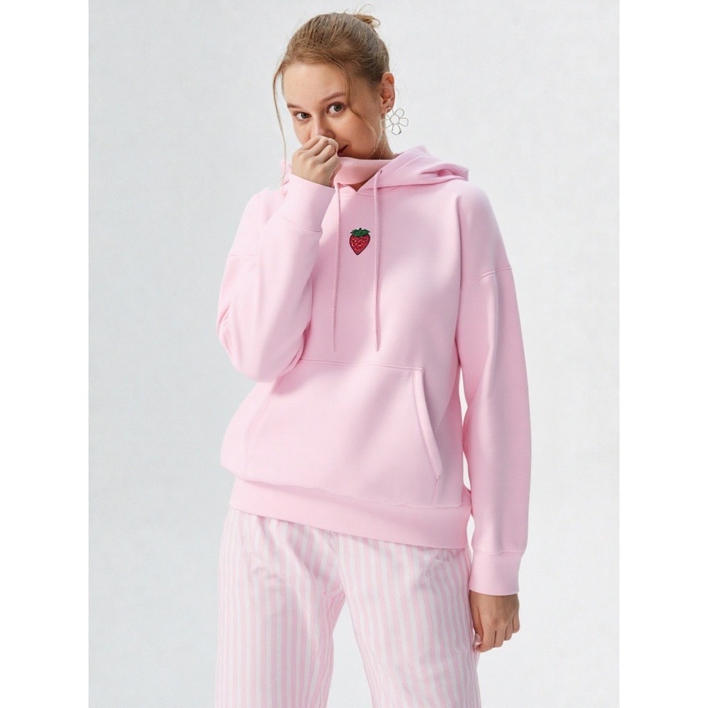 Better Together Pink Strawberry Embroidered Hoodie Pajama Pants Set Women's XL